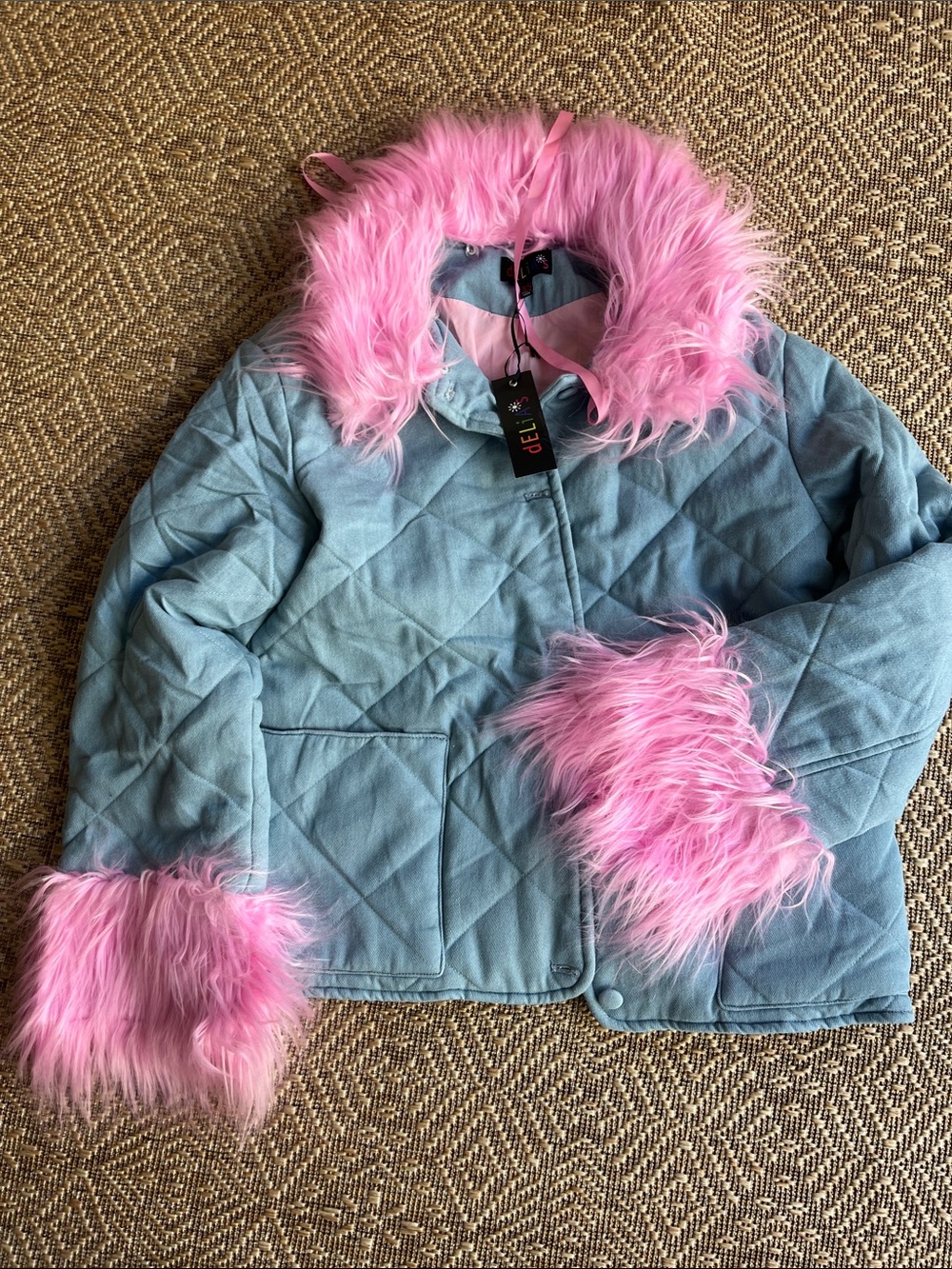 Dolls Kill Quilted Light Blue Puffer with Pink Faux Fur Trim